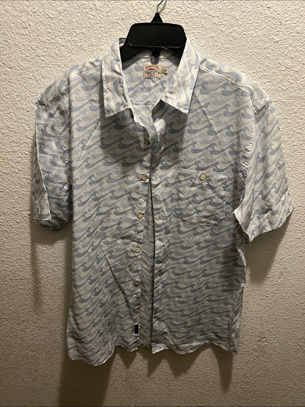 Faherty Light Blue Wave-Print Short Sleeve Button-Down